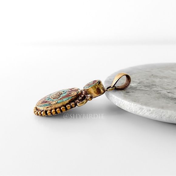 NEW Tibetan Artisan Handcrafted Mandala Pendant, Turquoise & Coral - Picture 2 of 8